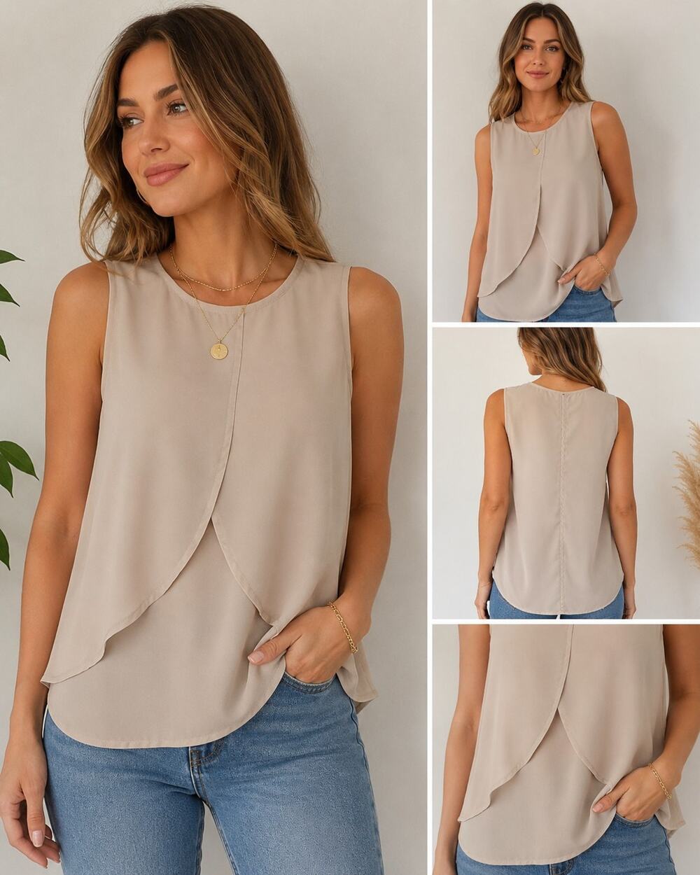 MALLOY Women’s Beige Sleeveless Layered Blouse Top Made in USA Size sm